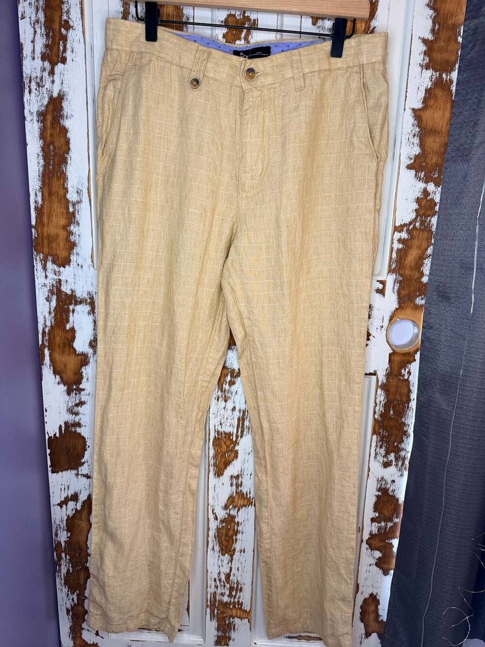 Parx Slim Authentic Casual Tan Plaid Linen Blend Trousers Size 34